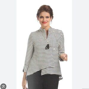 IC by Connie K Navy Blue Striped Top Coat Lagenlook Oversized One-Button Sz XL